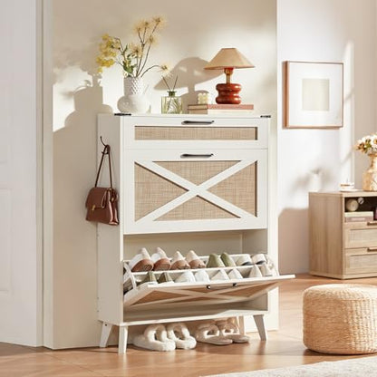 LEYAOYAO Shoe Cabinet Storage for Entryway with 2 Flip Drawers | Rack Narrow Organizer Slim Hidden Wood Shoe Cabinet Furniture - color: Off White