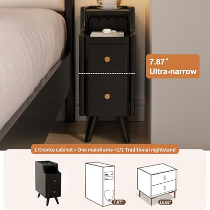 AQIMUELE Small Nightstand with Drawers, Solid Wood Narrow Bedside Table, Narrow Nightstand for Bedroom - color: 1 Pc(black), size: 15.74''D*7.87''W*19.68''H