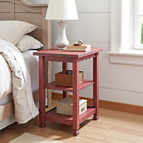 Alaterre Furniture Country Cottage Rustic Farmhouse Nightstand – 3-Tier Narrow End Table with Weathered Faded Finish, Carved Edges, & Turned Legs (Distressed Antique Red)