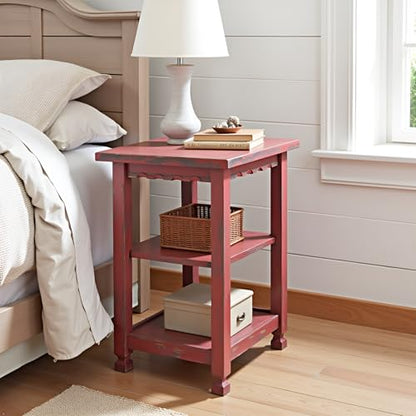 Alaterre Furniture Country Cottage Rustic Farmhouse Nightstand – 3-Tier Narrow End Table with Weathered Faded Finish, Carved Edges, & Turned Legs (Distressed Antique Red)