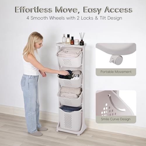 GCCSJ 4-Tier Rolling Laundry Hamper Sorter with Wheels, 95L Capacity & Removable Mesh Baskets, Foldable Storage Organizer Cart for Bedroom, Bathroom, Laundry Room (17.32"x13.1"x54.72")
