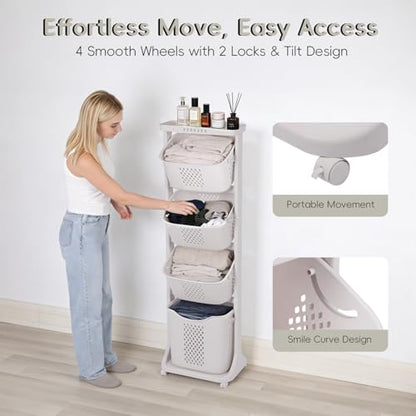 GCCSJ 4-Tier Rolling Laundry Hamper Sorter with Wheels, 95L Capacity & Removable Mesh Baskets, Foldable Storage Organizer Cart for Bedroom, Bathroom, Laundry Room (17.32"x13.1"x54.72")