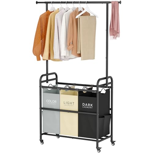 Laundry Sorter Cart with Hanging Clothes Rack, 3 Section, 3 Colors | 135L Laundry Sorter Hamper Cart with Heavy Duty Rolling Lockable Wheels and Removable Bags for Laundry Room, Apartment - color: 3 Colors, size: 3 bag