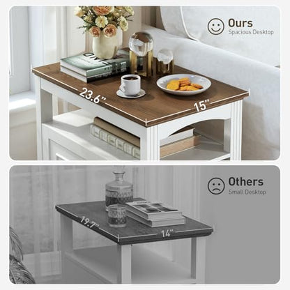 Farmhouse End Table with 2 Drawers, Narrow Sofa Side Table with Storage and Open Shelf, Wooden Nightstand for Small Spaces, Bedroom, Living Room, White and Walnut - color: White and Walnut