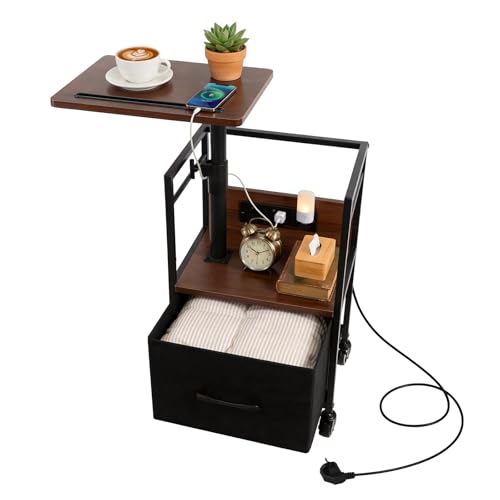 Small Bedside Table with Charging Station, Rolling Side Table with Wheels, Small Nightstand with Drawer Storage for Bedroom - Walnut Look - color: Walnut