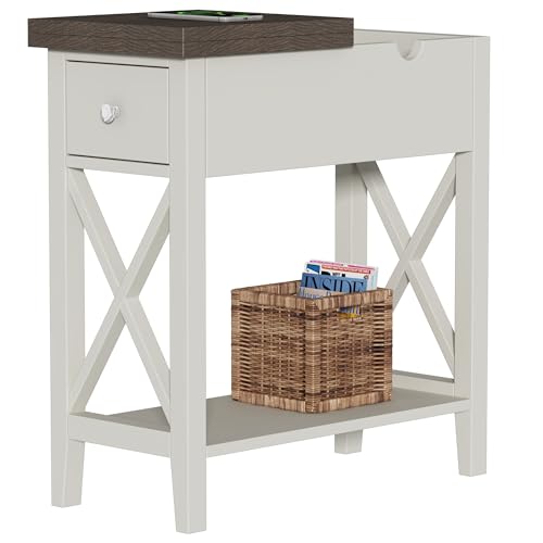 ChooChoo Farmhouse End Table with Drawer | Narrow Side Table with Flip Top, Accent Small Side Table Nightstand for Living Room, Bedroom, and Small Spaces, Soft White - color: Soft White, size: 1 Pack, style: Without Power