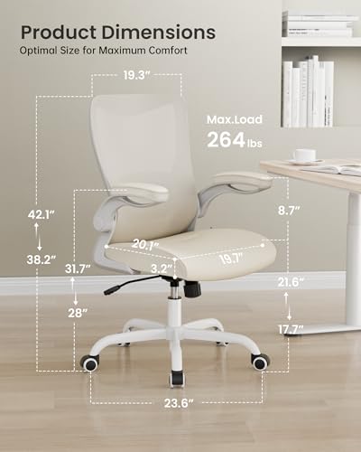 MUXX.STIL Office Chair, PU Leather Ergonomic Desk Chair with Adjustable Lumbar Support and Flip up Armrest, Breathable Mesh Computer Chair for Home Office, Khaki - color: Cream Khaki (Pu Leather Seat)