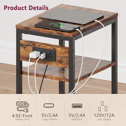 Side Table with Charging Station, Nightstand with USB Ports and Outlets, Tall Side Table with 3 Storage Shelves, Small Entry Table for Living Room, Bedroom, Sofa Couch, Hallway, Office, Rustic Brown - color: Rustic Brown, style: With Outlet