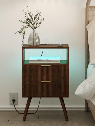 Leomonio Nightstand with Charging Station and LED Lights, Modern Bedside Table with 2 Storage Drawer and Open Wood Shelf for Bedroom and Small Spaces, Night Stand with Solid Wood Legs - color: Walnut Brown-outlet
