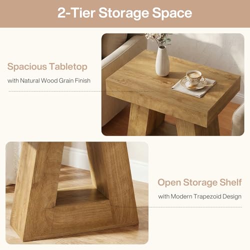 Tribesigns 24" Side Table, Narrow End Table with 2-Tier Storage Shelf, Farmhouse Wooden Nightstand Accent Table with Trapezoid Base for Living Room, Bedroom, Small Spaces, Natural Oak Color - color: Natural Oak