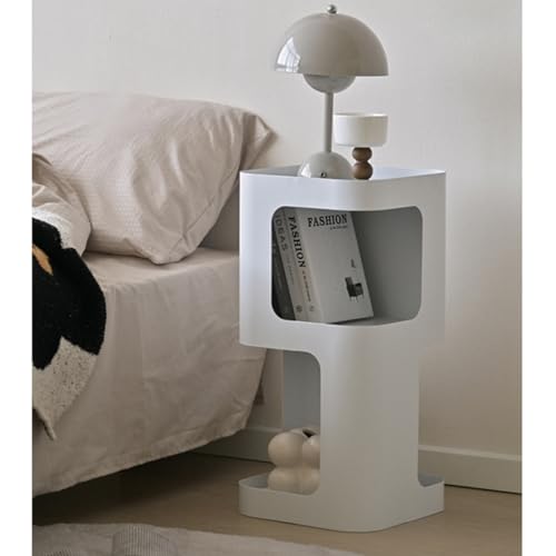 Modern Side Table, Small End Table for Small Spaces, Metal Nightstand with Storage Shelf, Space-Saving Bedside Table Accent Table Drink Tables for Living Room, Bedroom, No Assembly Required - color: White Trumpet