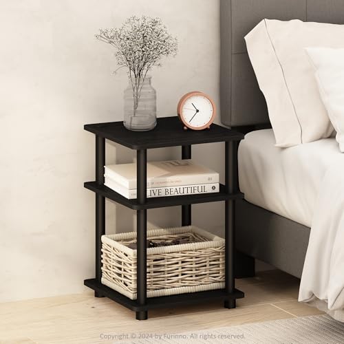 Furinno Turn-N-Tube Toolless 3-Tier Night Stand, Nightstand, Black | Open Shelf, Soft-Corner, Square Narrow Bedside Table, End Table, Side Table, for Bedroom, Closet, Dorm - color: Black/Black, size: 1-Pack, 3-Tier (14.6" x 14.6")