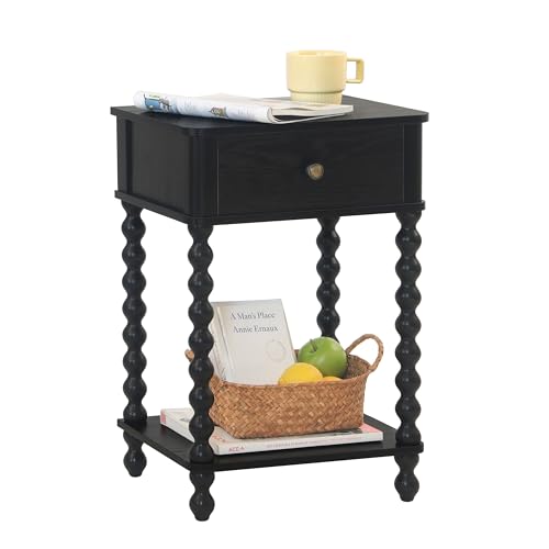 AWASEN Black Nightstand, Bedroom Side Table with Drawer for Living Room, Small Bedside End Table with Spindle Wood Legs for Bedroom, Office, Black - color: Black