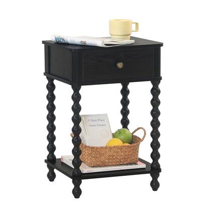 AWASEN Black Nightstand, Bedroom Side Table with Drawer for Living Room, Small Bedside End Table with Spindle Wood Legs for Bedroom, Office, Black - color: Black