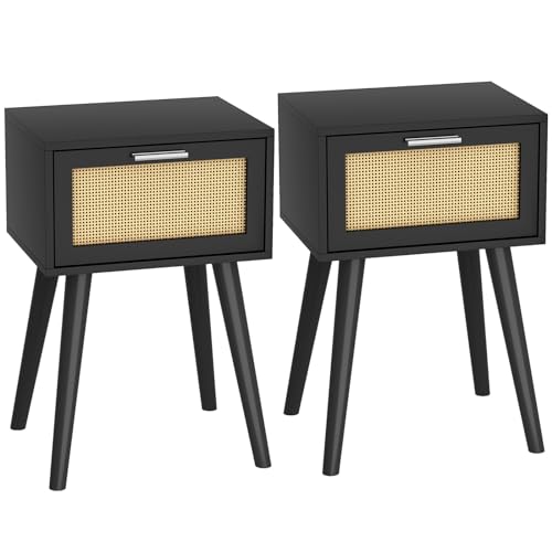 LAATOOREE Nightstand Set of 2, Small End Table with Rattan Door, Bedside Table with Solid Wood Feet, Boho Side Table for Bedroom Living Room Small Space, Black - color: Black, style: Boho Style