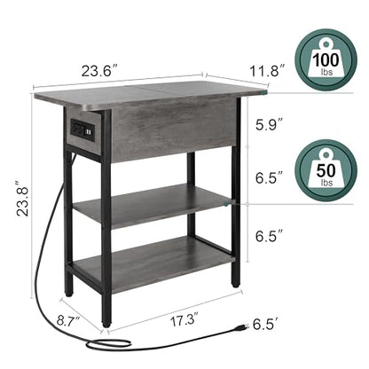 Yoobure End Table with Charging Station, Flip Top Side Table with USB Ports and Outlets, Sofa Couch Table Bedside Table for Living Room Bedroom, Narrow Nightstand with Shelves for Small Space Gray - color: Grey