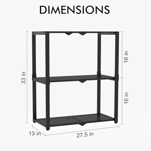 Hastatii 3-Shelf Storage Shelving Unit Metal Rack Heavy-Duty 28"x13.5"x33.5" for Garage, Kitchen and Bedroom Layers Increased Black