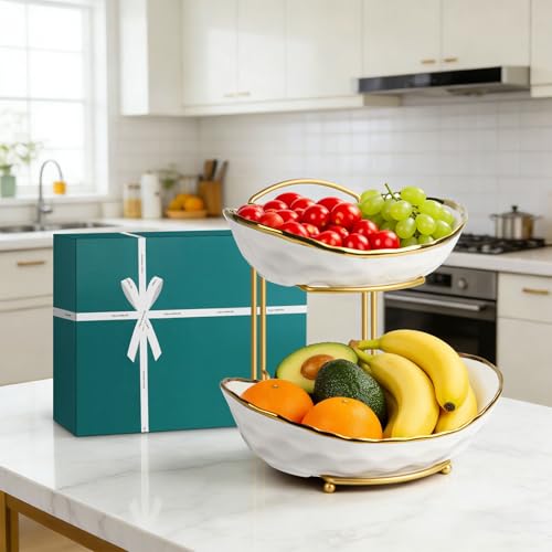 Fruit Basket for Kitchen Counter - Two Tier Ceramic Fruit Bowl with Metal Stand, Fruit Holder for Fresh Fruit&Veggies, Modern Tiered Fruit Platter Serving Trays for Party - color: 2White-Rack02