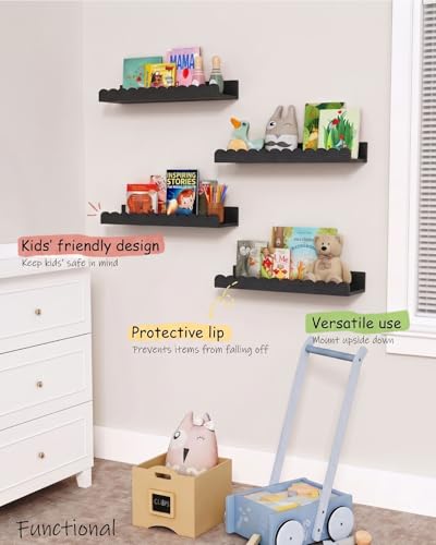 Harwaya Black Floating Nursery Wall Book Shelves Set of 4, Scalloped Shelves for Nursery, Cloud Hanging Bookshelf for Kids Bedroom Baby Child Toddler Room Kitchen Bathroom (Pine Wood) - color: Black