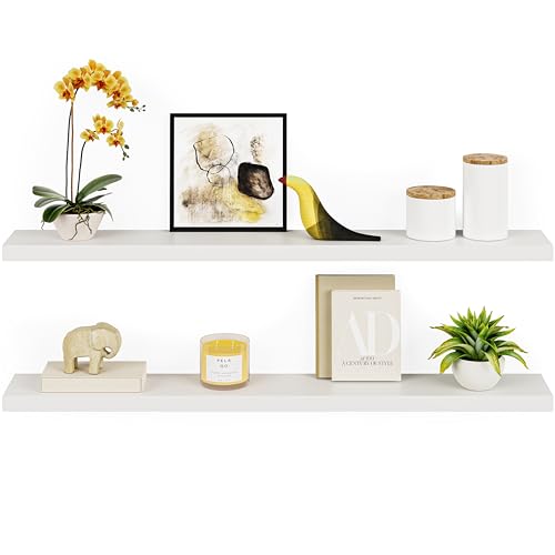 Ballucci Floating Shelves, 55" Wood Wall Shelf Set of 2, with Invisible Brackets for Bathroom, Living Room, Bedroom, Kitchen, Nursery, 6" Deep, White - color: White, size: 55.1 inches
