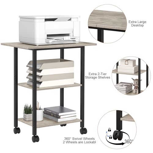 Lerliuo 3-Tier Printer Stand, Industrial Mobile Printer Table with Storage Shelf and Steel Frame, Rolling Printer Cart Holder with Lockable Wheels for Home, Office (Oak) | Oak Mobile Printer Cart Holder for Home Office, Lockable Wheels, Open Storage Shelf