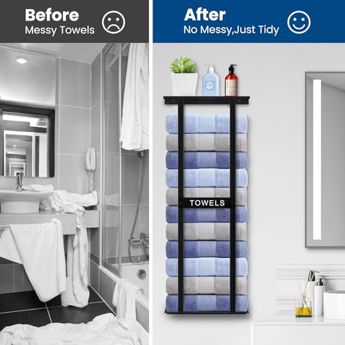 Bathroom Towel Storage Rack, Wall Mounted Bathroom Towel Rack, 30 inch Heavy Duty 6 Large Towels, Wall Mounted Towel Rack for Rolled Towels, Black - color: Black