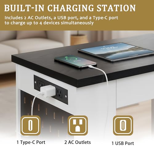 55" Modern Fluted Office Desk with Storage Cabinet & Drawers, Computer Writing Desk with Power Outlet, Pegboard, Built-in Shelves & Keyboard Tray for Study, Home Office, White - color: White