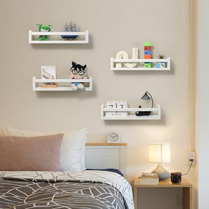 Nursery Room Shelves Set of 4, Wood Floating Book Shelves for Kids Room, Baby Book Shelf for Nursery, Kitchen Spice Rack (Classic White) - color: White