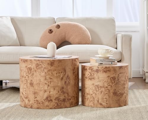 EALSON Nesting Coffee Tables Set of 2 Farmhouse Small Round End Tables Modern Wood Circle Side Table Drum Table for Living Room Small Spaces Bedroom Balcony, No Assembly, Natural Burl - color: Natural Burl