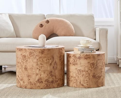 EALSON Nesting Coffee Tables Set of 2 Farmhouse Small Round End Tables Modern Wood Circle Side Table Drum Table for Living Room Small Spaces Bedroom Balcony, No Assembly, Natural Burl - color: Natural Burl