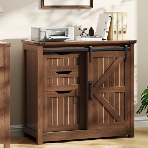 Vabches Lateral File Cabinets with Adjustable Shelf, Farmhouse Filing Cabinet with Lock for Home Office, Filing Organization Storage Cabinets with Sliding Barn Door for Hanging Files Letter/A4,Walnut - color: Walnut, style: 3 Drawers