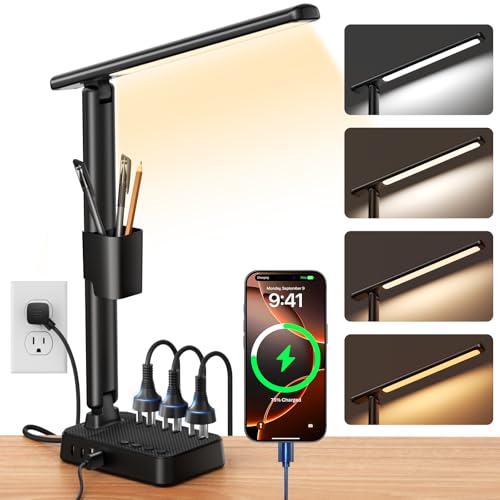 LED Desk Lamp with Power Strip, 3 AC Outlets & 4 USB Ports (2 USB-C), Stepless Dimming & 2800K-6500K Eye-Caring Desk Light, Foldable Table Lamp for Home Office, Dorm Room Essentials(10FT) - color: Black,10FT
