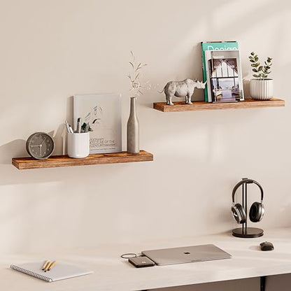 Ballucci Floating Shelves, 24" Wood Wall Shelf Set of 2, with Invisible Brackets for Bathroom, Living Room, Bedroom, Kitchen, Nursery, 6" Deep, Rustic Brown - color: Rustic Brown, size: 23.6 inches