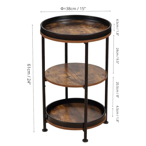 Dulcii Side Table, Round End Table with 3 Storage Shelves for Living Room, Bedroom, Nightstand with Steel Frame for Small Spaces, Industrial Round Sofa Table, Outdoor Accent Coffee Table, Rustic Brown | Round End Table with Storage for Living Room, Bedroo