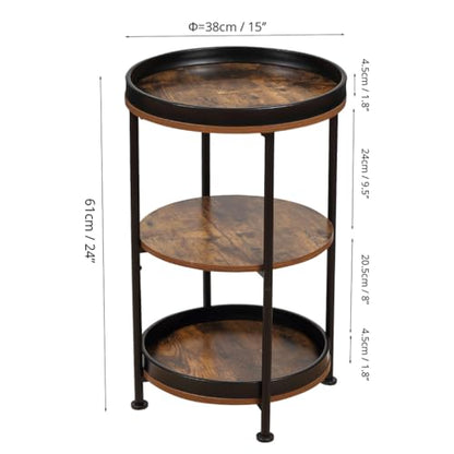Dulcii Side Table, Round End Table with 3 Storage Shelves for Living Room, Bedroom, Nightstand with Steel Frame for Small Spaces, Industrial Round Sofa Table, Outdoor Accent Coffee Table, Rustic Brown | Round End Table with Storage for Living Room, Bedroo