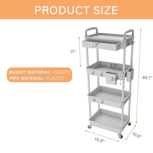 4 Tier Rolling Utility Cart with Drawer,REBECAT Utility Cart Made of Multifunctional Storage Organizer Tool for Kitchen,Bathroom,Living Room,Office(Gray) - color: Gery