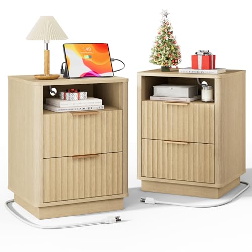 Fluted Nightstand, Night Stand Set 2, Modern Nightstands Set of 2 with Charging Station, 2 Drawer End Table w/Storage, Bedside Table for Bedroom Sofa Home Office, Curved Corners,Natural Oak - color: Natural Oak, size: 2 Drawers（18"W）