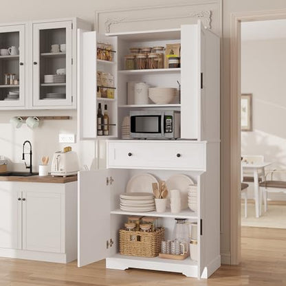 Garvee 71" Kitchen Pantry Cabinet, Barn Door Freestanding Cupboard with Drawer, Sliding Storage Rack, and 6 Hanging Shelves for Kitchen, Dining Room, Living Room Bedroom - color: White