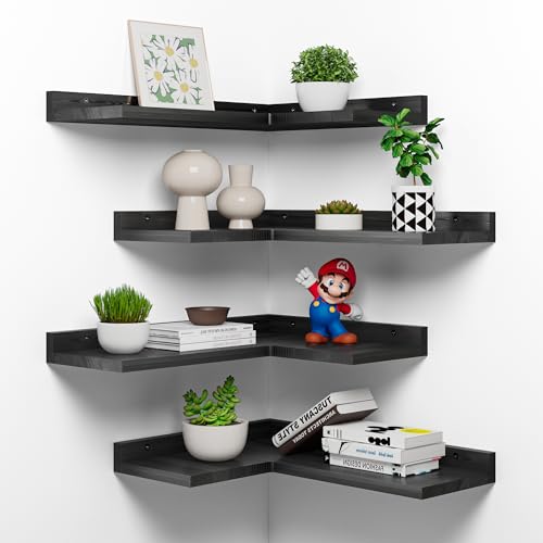 4-Tier Corner Floating Shelves, Rustic Pine Corner Shelves Wall Mounted, L-Shaped Floating Corner Shelves for Wall Storage, Creative Corner Wall Shelves for Bedroom,Bathroom&Any Room-Black - color: (2) Black Corner Shelves