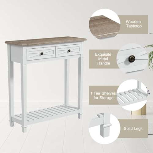 Narrow Entryway Table, 2-Tier Wooden Sofa Console Table with 2 Drawers and Storage Shelf, Couch Furniture Behind Sofa Hallway Entryway Living Room, White - color: White