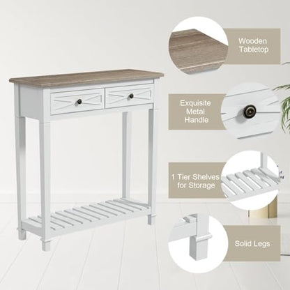 Narrow Entryway Table, 2-Tier Wooden Sofa Console Table with 2 Drawers and Storage Shelf, Couch Furniture Behind Sofa Hallway Entryway Living Room, White - color: White