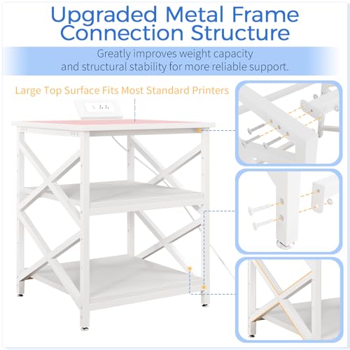 METYERRY 23.6"x23.6" Large Printer Stand with Power Outlet, 3 Tier Cart | Adjustable Shelf, Fits 3D Printers, Laser Printers and Heat Press, 200 lbs Heavy Duty, Industrial Wheels, Home Office - color: White