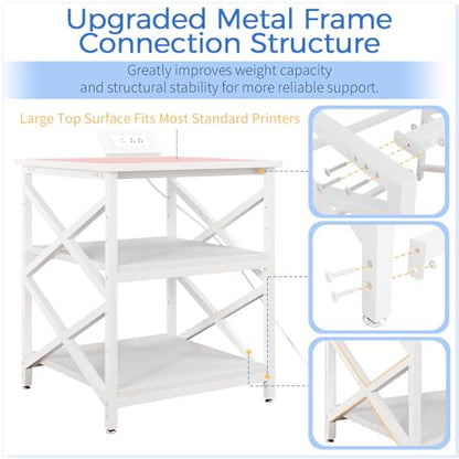 METYERRY 23.6"x23.6" Large Printer Stand with Power Outlet, 3 Tier Cart | Adjustable Shelf, Fits 3D Printers, Laser Printers and Heat Press, 200 lbs Heavy Duty, Industrial Wheels, Home Office - color: White