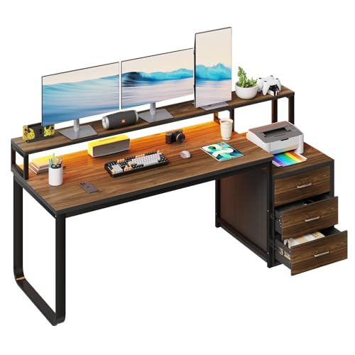 HOMBCK 67" Computer Desk with 3 Drawers, Home Office Desk with Long Monitor Stand and Printer Space, Office Desk with Storage & LED Lights, Writing Desk with Drawers, Black and Walnut - color: Black Walnut