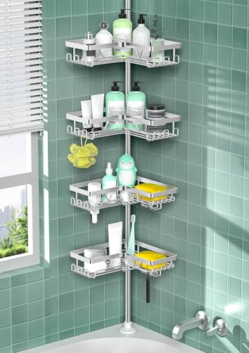 DAOYA Corner Shower Caddy Tension Pole 4 Tier Shower Caddy Organizer Silver | WIth 28 Hook/2 Soap Dish/ 2 Razor Holder, Rustproof, For Bathtub/Bathroom, Floor to Ceiling 25-114 Inch, Simple Install - color: Silver