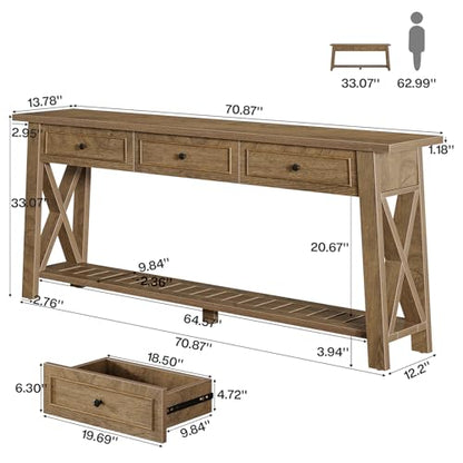 Tribesigns Console Table with 3 Storage Drawers, 70.87 Inches Extra Long Sofa Table Behind Couch with Bottom Shelf, Farmhouse Wooden Entryway Hallway Foyer Table for Living Room, Entrance (Brown) - color: Brown