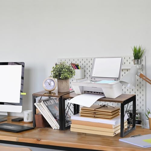 TOPZEA Desktop Shelf, Rustic Wood Small Freestanding Bookshelf Organizer Vintage Desk Shelving Stand, 2 Tier Stackable Office Storage Open Rack Hutch Kitchen Counter Display Shelves, Upgrade