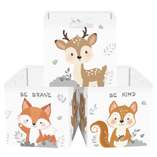 Clastyle 11.8" Animal Storage Basket Set of 3 for Kid Toy Clothes Bin | Collapsible Fabric Book Bin, Metal Frame Bottom Board, Cube Organizer, Closet Nursery Pantry Shelf Bedroom, Fox Deer - color: Fox Deer, size: 3pcs/set