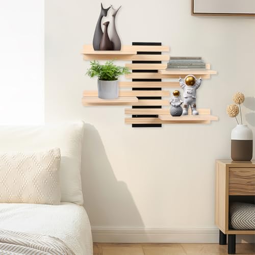 4-Tier Adjustable Wooden Floating Shelf Space-Saving Wall Mounted Shelf with Multiple Customizable Layouts Display Rack for Figurines Doll Small Plant Statue Wall Organizer for Living Room Bedroom