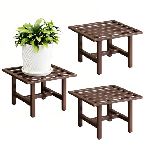 Heavy Duty Metal Plant Stand Outdoor, 330 lbs Iron Square Plant Stand Indoor, Rustproof Low Pedestal for Large Flower Pots, Patio, Balcony, Garden Decor 3 Pack Coffee - color: 3 pack coffee